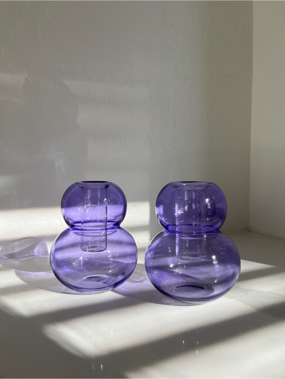 Purple Glass Taper Candle Holders Set of 2 Sculptural Violet Double-bulb Shape